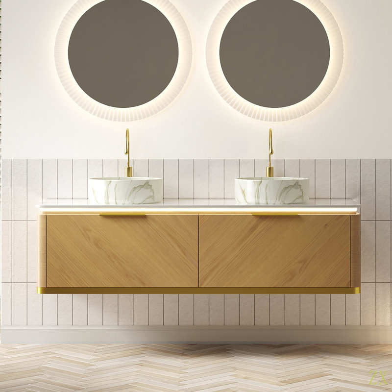 Meuble-lavabo de salle de bain de 60 po DIPA, armoire de rangement flottante en contreplaqué avec tiroir, capteur de lumière, 2 vasques en céramique à motif de pierre et plateau en pierre frittée, pré-assemblé
