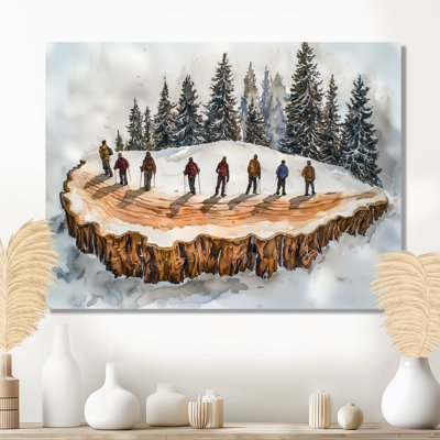Groupe de randonnée pédestre dans un paysage d'hiver II - randonnée, art mural en métal, reproduction d'art moderne en métal