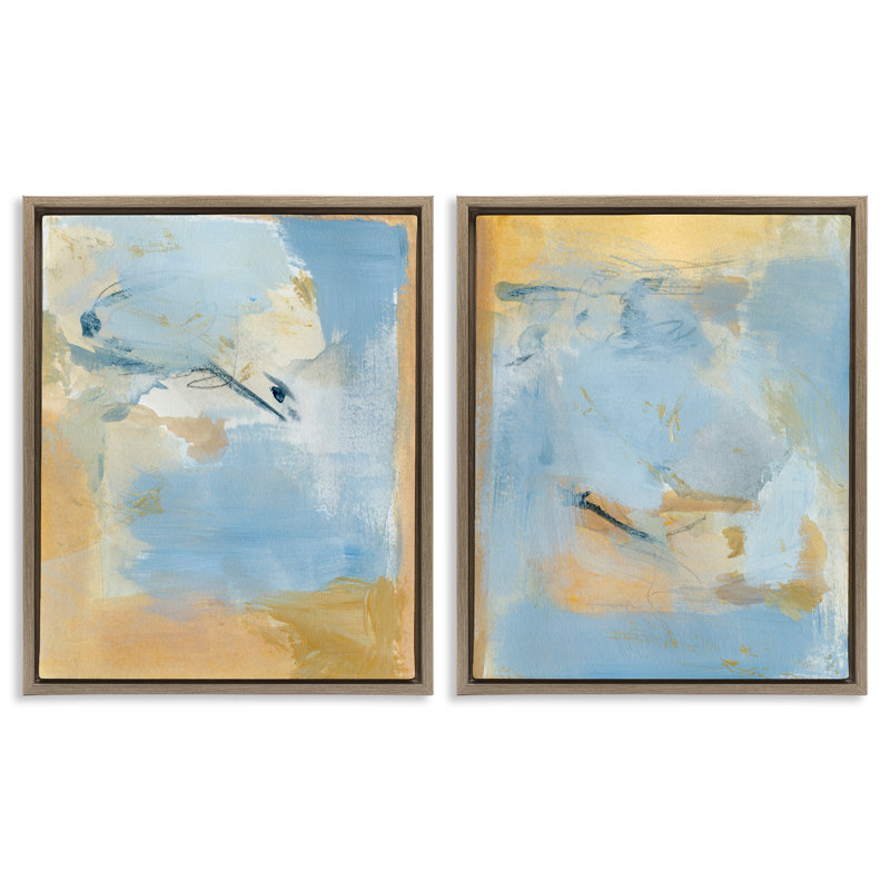 Ensemble de 2 toiles flottantes encadrées bleu clair et or pastel par Victoria Barnes, H 31 po x l 25 po