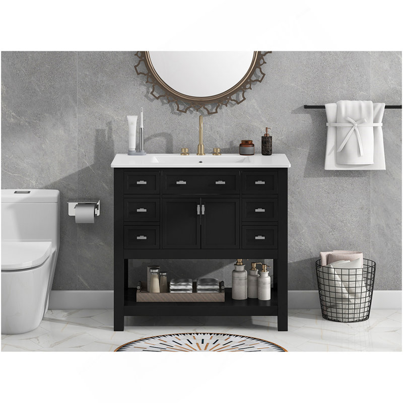 Meuble-lavabo 36 po avec lavabo supérieur, armoire de rangement moderne avec 2 portes à fermeture douce et 6 tiroirs, meuble-lavabo simple