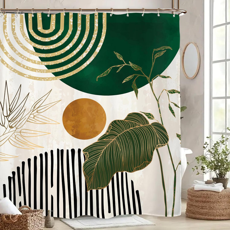 Ensemble de rideau de douche vert émeraude à motif de feuilles rétro