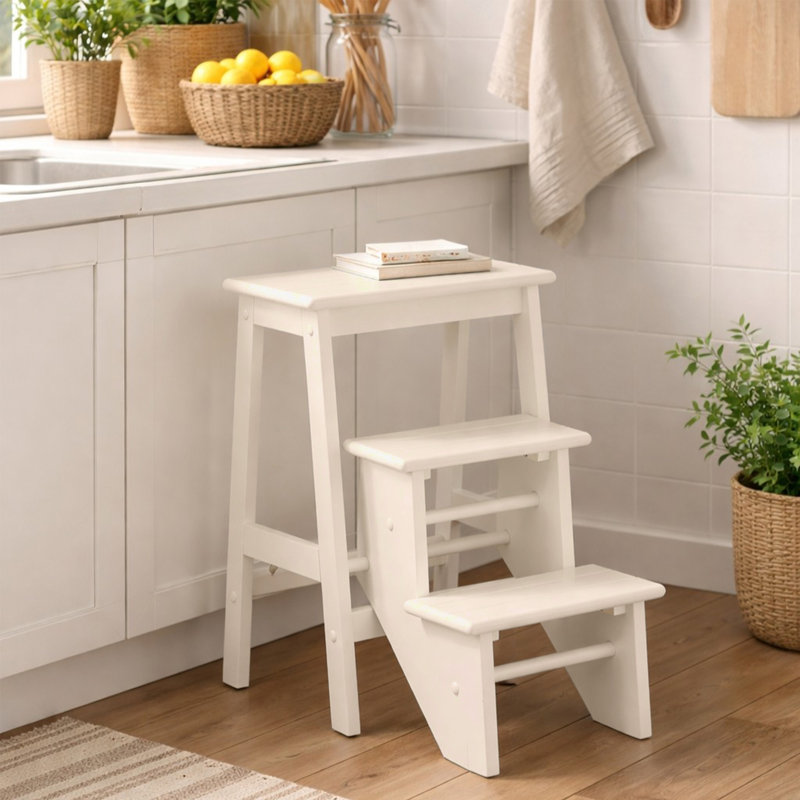Danyell 3 - Step Wood Folding Step Stool, Cream