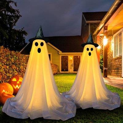 Ensemble de 2 décorations fantômes d'extérieur d'Halloween avec télécommande, ensemble de fantômes lumineux avec support renforcé, grand ensemble de bricolage fantôme effrayant avec guirlandes de lumières