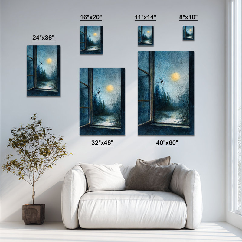 «Spider on Open Window Snowy Forest Moonlit Night» - Art mural sur toile tendue - Décoration de salon, de chambre à coucher ou de bureau
