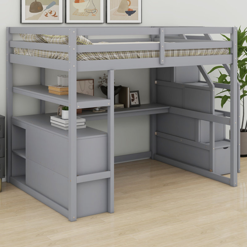 Lit mezzanine double avec bureau et tablettes, Gris