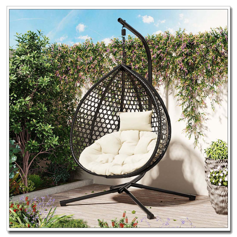 Hanging Egg Chair with Stand: Sturdy Iron Frame, PE Rattan, Foldable & Removable Cushion, Beige, Black