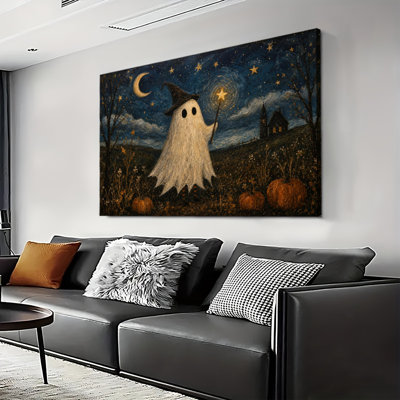 Cute Ghost Wizard Holding Magic Wand With Crescent Moon And Pumpkins In Autumn Country Field Canvas Wall Art
