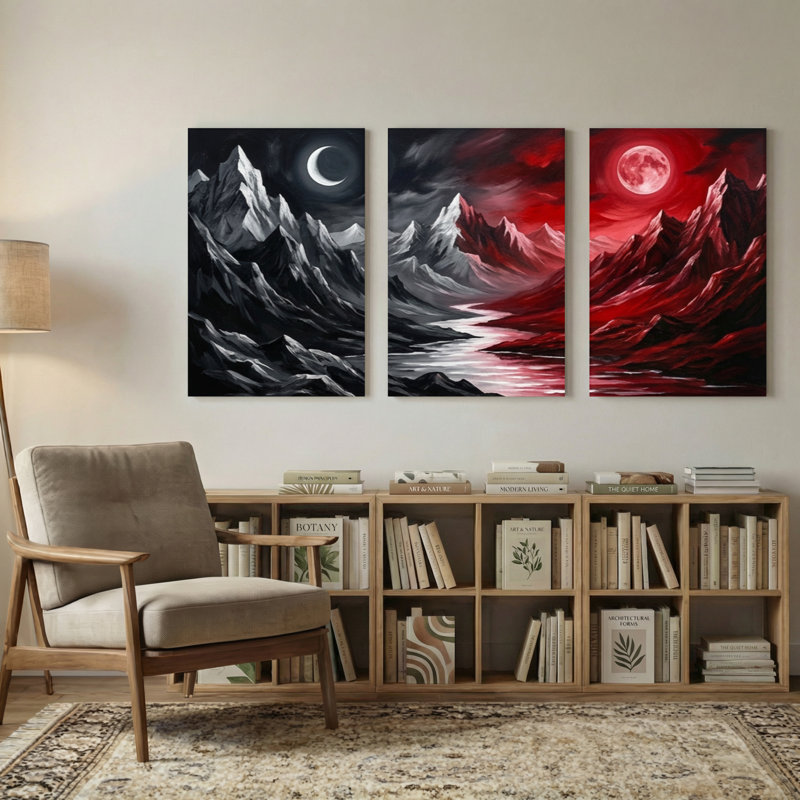 «Landscape & Nature Mountain Landscape Moon Red Sky Reflection», peinture, H 18 po x l 36 po