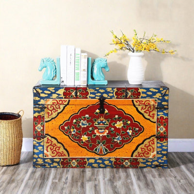 Large Retro Distressed Solid Wood Accent Trunk