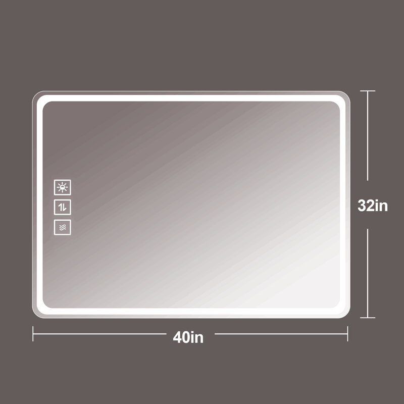 Miroir de salle de bain 40 x 32 pouces à DEL avec miroirs de salle de bain à fixation murale sans cadre anti-buée avec lumière et miroir argenté sans cuivre 5 mm