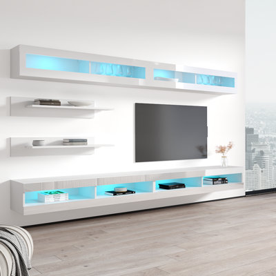 Lonergan 126" Modern Floating Wall Mounted Entertainment Center with 16-Color LED Lighting, High Gloss Finish