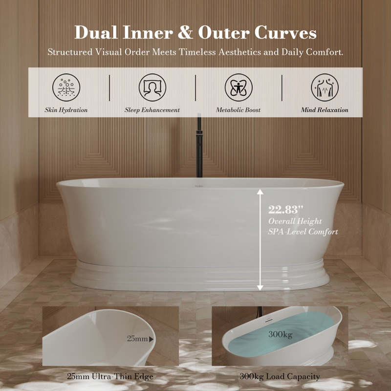 Baignoire autoportante MonBlari 71 po x 31,5 po en acrylique blanc avec trop-plein et bonde rétractable pour salle de bain