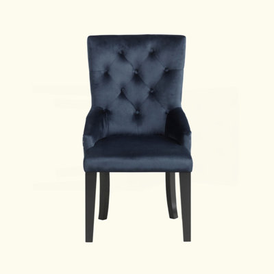 Velvet Upholstered Side Chair With Nailhead Trim, Dark Navy And Black