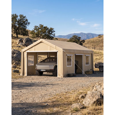 Abri d'auto robuste de 6,10 m x 3,96 m x 3,35 m, 8 poteaux renforcés et toile en polyéthylène de 0,36 mm, abri de rangement extérieur avec 4 portes enroulables et fenêtres d'aération, garage portatif pour camionnette et bateau, jaune
