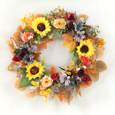 Couronne de tournesol et rose artificielle 20 po pour votre porte d'entrée