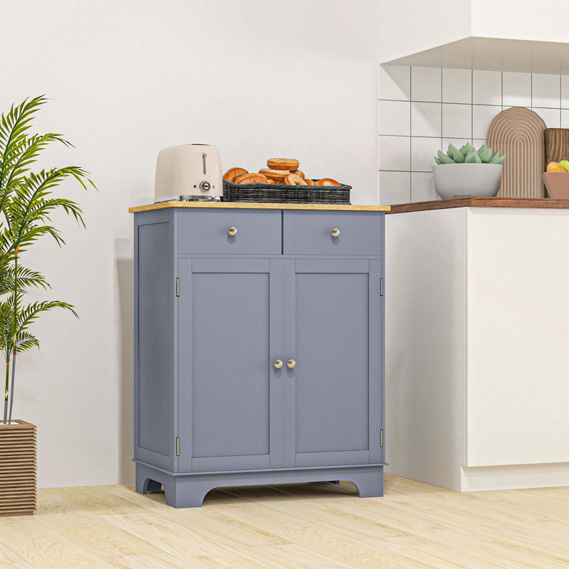 Meuble de cuisine latéral avec plateau en bois d'hévéa et tablette ajustable, Gris