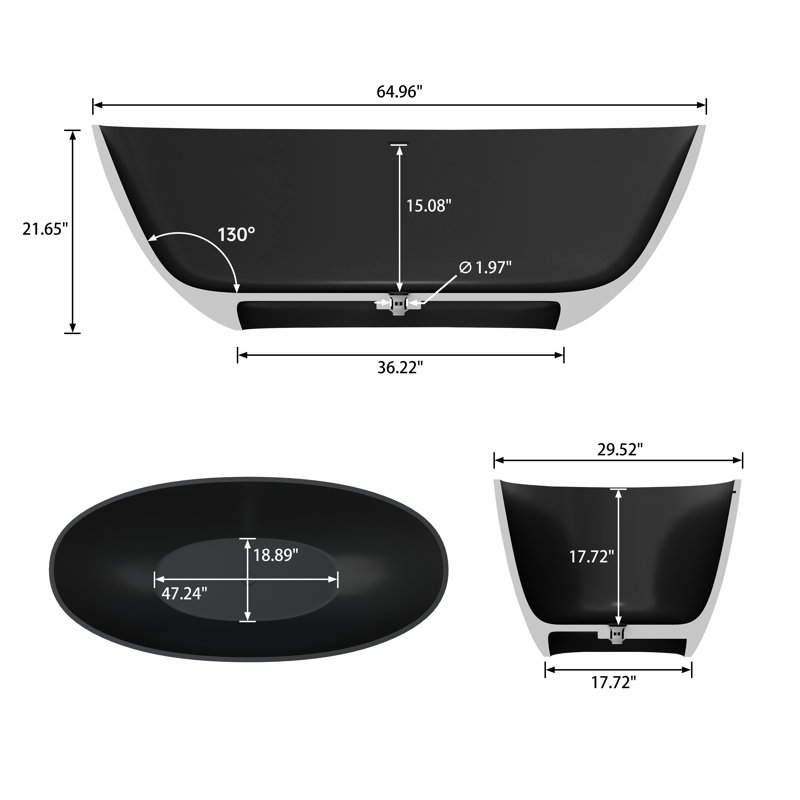 65'' x 29'' Freestanding Soaking Solid Surface Bathtub, Black