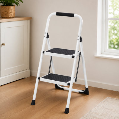 2‑step ladder,white folding step stool with handrail and wide non‑slip pedal,330 lbs lightweight portable ladder for kitchen and home
