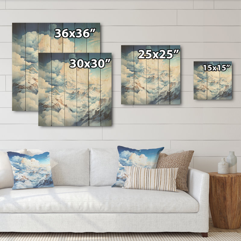 Nuage paysage d'hiver en montagne - nuages, art mural sur bois de pin naturel, H 36 po x l 36 po