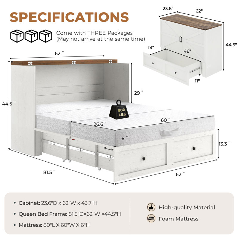 Farmhouse Queen Murphy Bed With Charging Station &  Fold Mattress Included, White, White, Queen