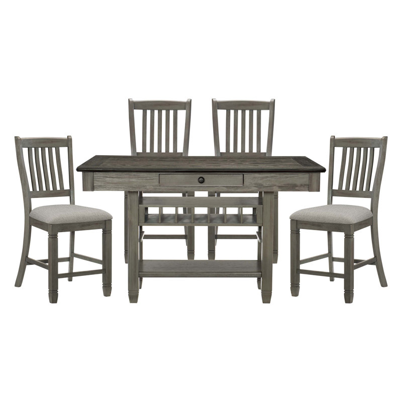 Table de salle à manger à hauteur de comptoir avec tiroirs, étagère à vin et 4 chaises à hauteur de comptoir, ensemble de salle à manger 5 pièces