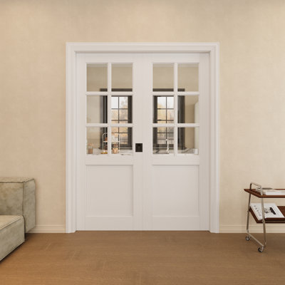Porte à deux poches 56 po x 56 po en verre transparent 56 po x 80 po avec serrure noire, dalle de sécurité en verre trempé transparent, à peindre et imperméable, combinaison pour garde-robe, portes de garde-manger, portes de chambre à coucher