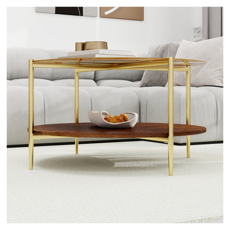 Table basse ronde moderne à double couche avec plateau en verre trempé et tablette en bois Modern Gold - diamètre de 32,3 pouces