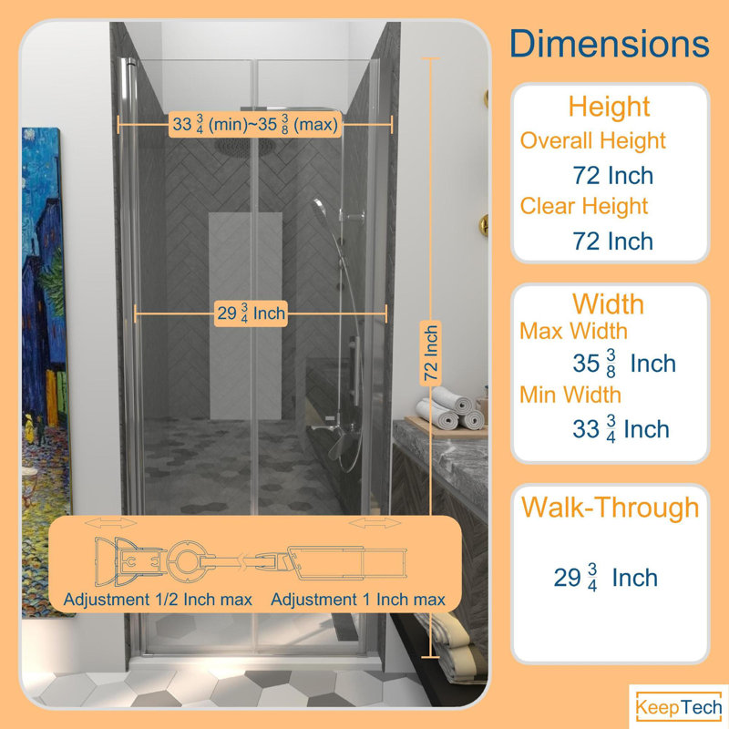 Porte de douche pliante sans cadre KeepTech de 34 x 72 po x l 35,5 po x H 72 po, finition noire mate, verre trempé transparent de 1/4 po (6 mm) de style GSC, portes de douche pliantes à panneaux pliantes, installation réversible, certification ANSI, st