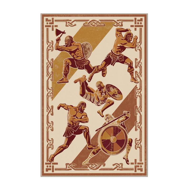 Machine Washable Yonkers Viking Athletic Contest Modern Rustic Vintage Look Rug in Beige – Beige Binding, 2x5