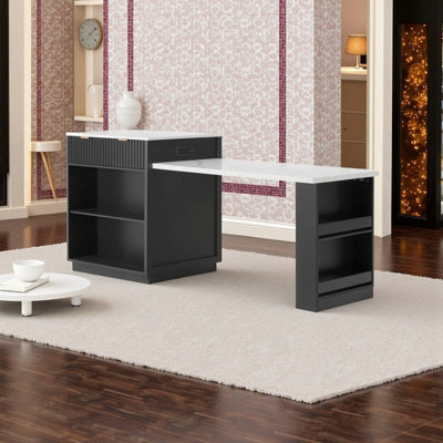 82.6" Extendable Kitchen Island Table With Power Outlet Double-Side Storage Faux Marble Top And Fluted Panel For 4-6 Seating