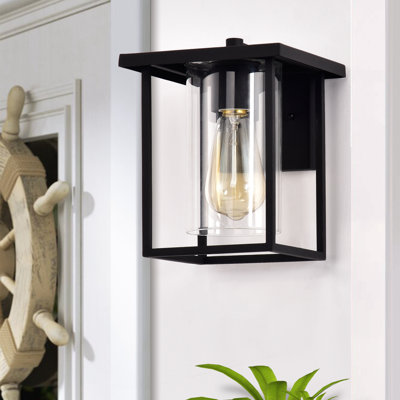 Lanterne murale noire d'extérieur, lumière d'extérieur moderne à cadre de cage avec verre transparent