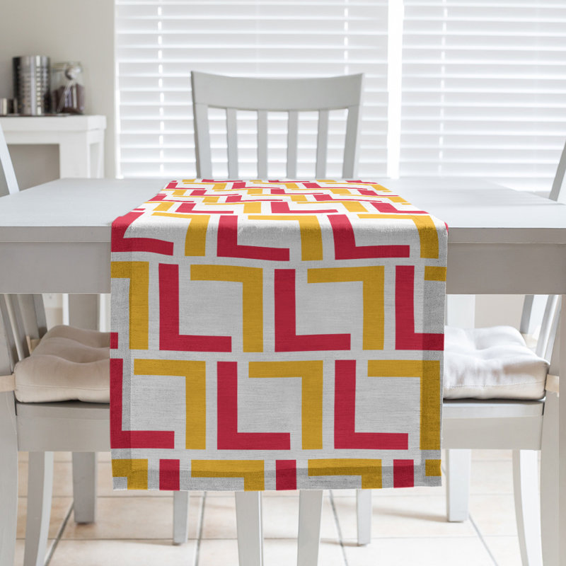 Kansas Geometric Table Runner, 72" x 16", White/Red/Gold, Polyester