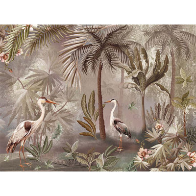 Papier peint Serene Tropical Oasis Herons And Palm Trees