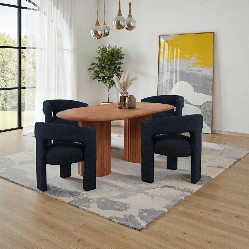 Mid-Century Modern 84" Solid Wood Double Pedestal Dining Set, Black, 5 Pieces: Table, 4 Chairs