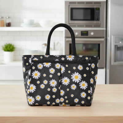 Oxford Cloth Large Capacity Thermal Lunch Bag Daisy-flower Printed Work Food Bento Insulated Pouch Picnic Cooler Bags For School Office 33x20x14cm/12.3x7.87x5.51in,black