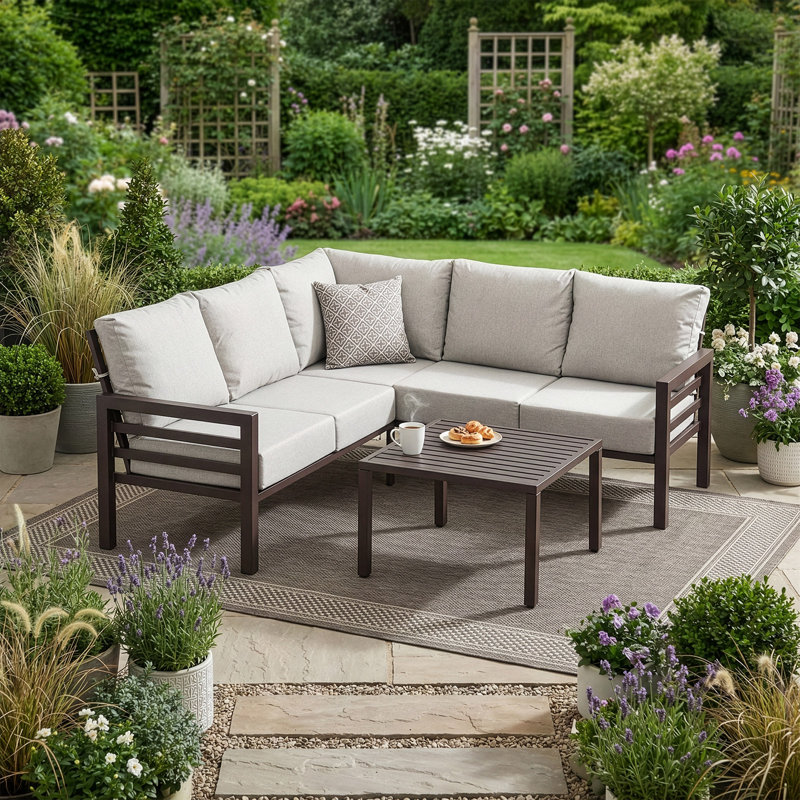 L-Shaped Brown Metal Patio Conversation Sectional Sofa Set, Gray