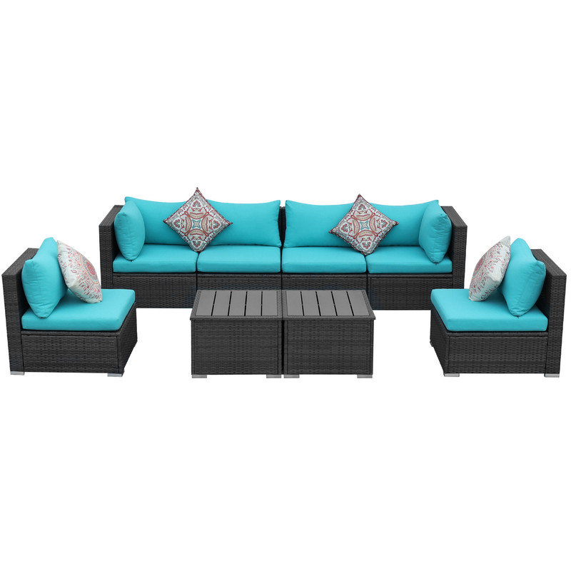 Ensemble de conversation modulaire en osier 8 pièces avec coussins et deux tables 8 pièces, Sarcelle