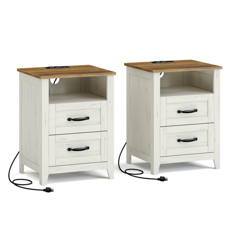 Allenside 18" W Nightstand With Charging Station, Rustic White/Honey Brown, Set of 2