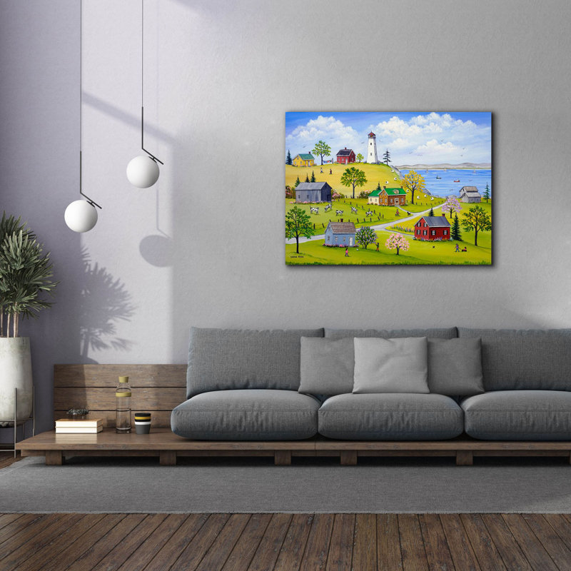 «Phare, lilas et lupins sur toile» par Sharon Mark, H 40 po x l 54 po x P 1,5 po