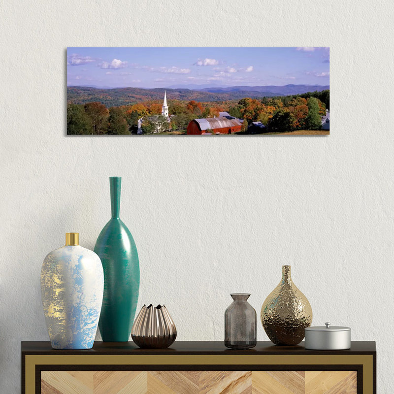High Angle View Of Barns In A Field, Peacham, Vermont, USA - Wrapped Canvas Panoramic Print
