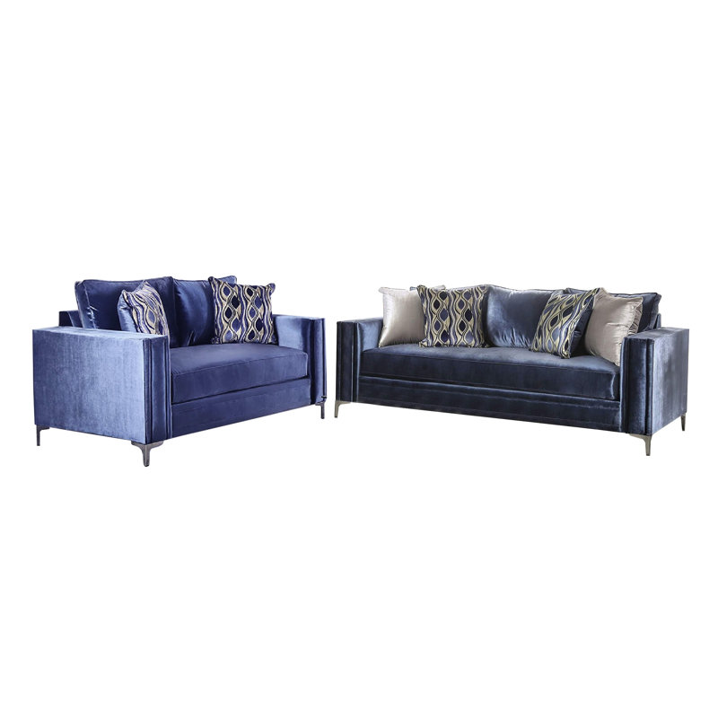 Ensemble de causeuse Odie, 6 coussins décoratifs, microfibre argent satiné bleu