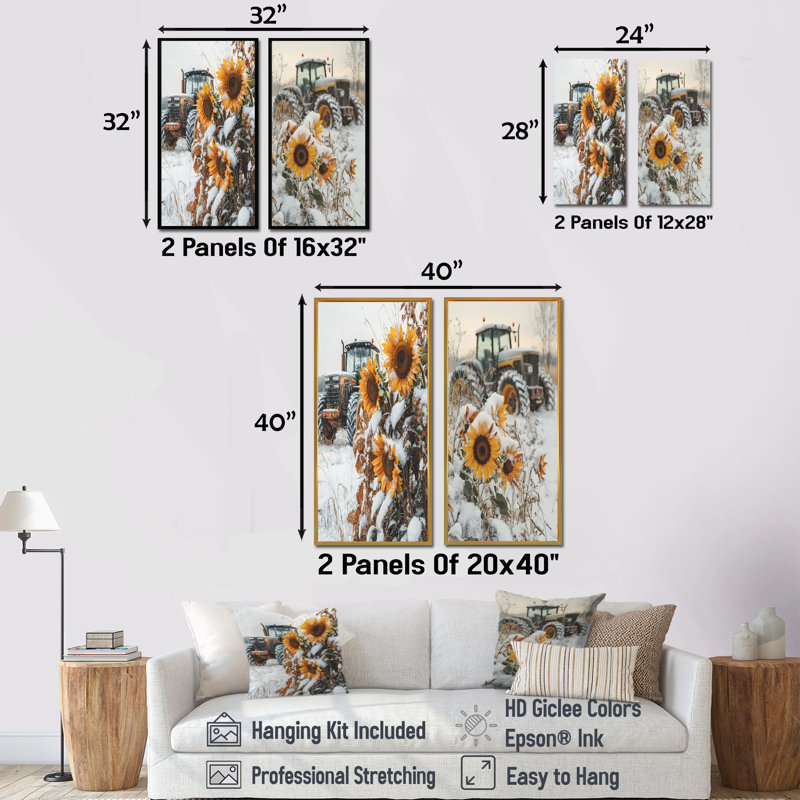 Tournesols et le tracteur enneigé I - Collection d'art mural 2 panneaux, H 28 po x l 25 po, Encadrement argenté
