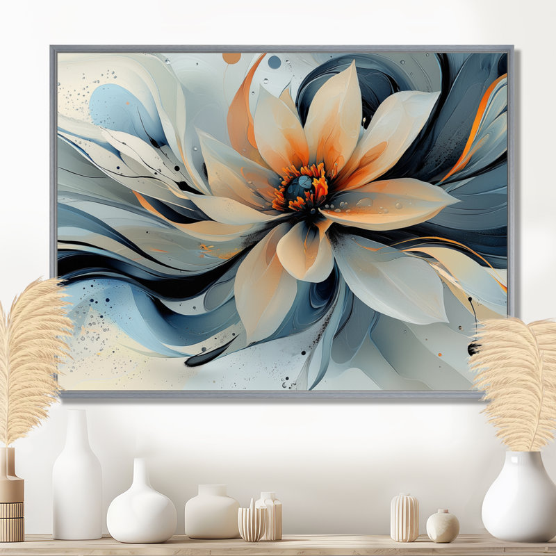 Jacaury turquoise Dahlia fleurs en couches I - art mural Dahlia pour le salon, Argent, H 16 po x l 32 po, Floater Framed