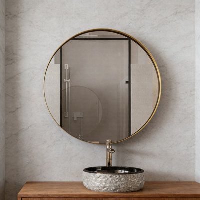 31.5" Surface Mount Round Matte Gold Metal Medicine Cabinet With Mirror, Adjustable Glass Shelves, Bathroom Wall Storage