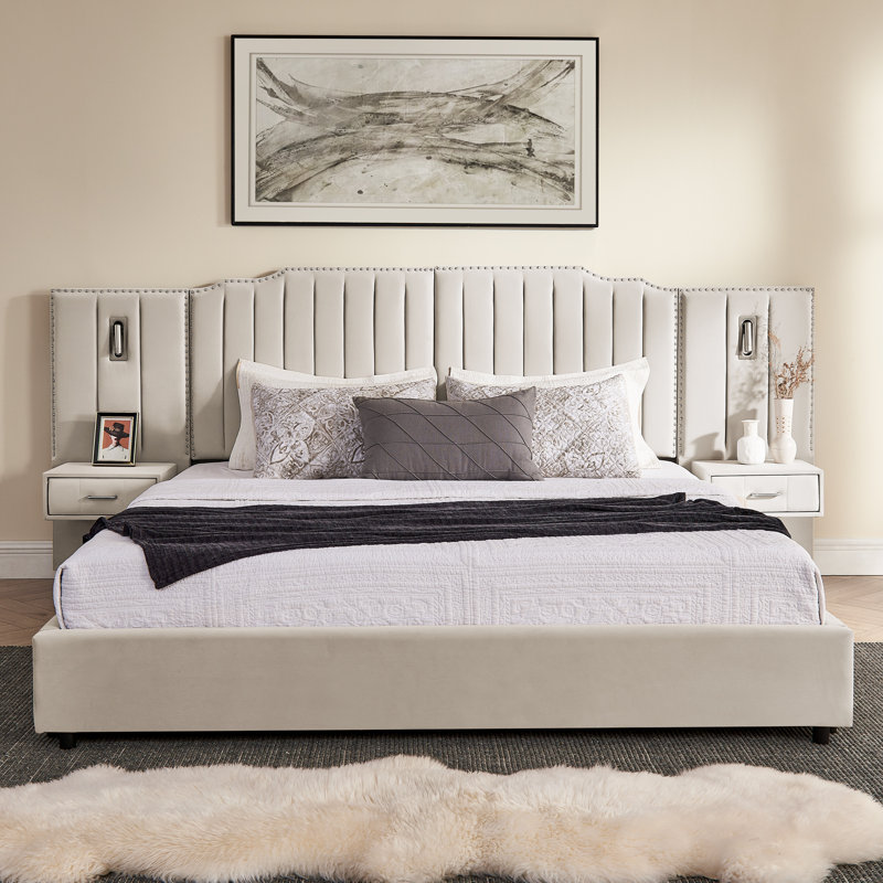 Structure de lit rembourrée avec tissu épais, Beige, Très grand lit