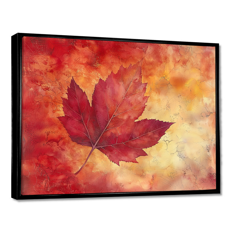 «Irodion Autumn Sunset Maple Leaf II» - feuilles, art mural, H 30 po x l 40 po, Noir, Cadre flottant