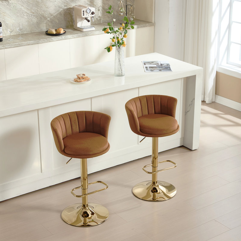 Ensemble de 2 tabourets de bar, avec repose-pieds chromé et base pivotante en velours à hauteur réglable et tabouret de bar simple doré - orange