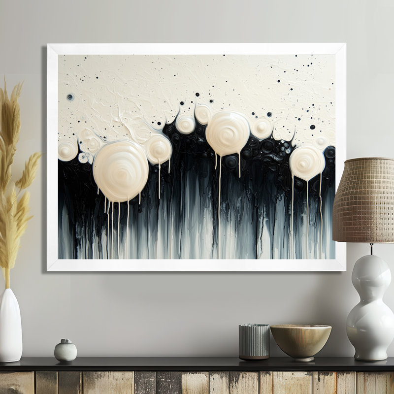 «Black White Wave», volcanique rythmique, art mural, H 24 po x l 32 po, Blanc, Picture Framed