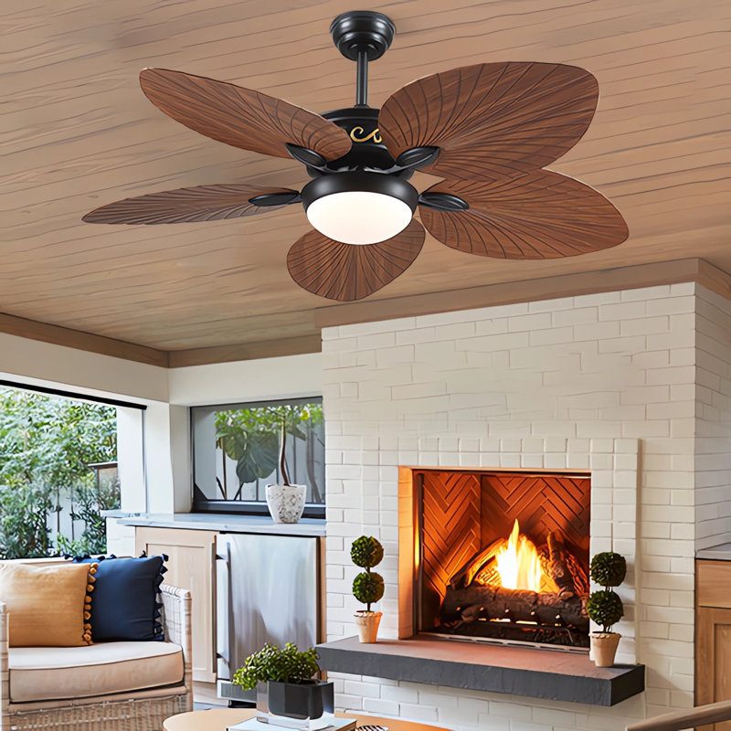 44"/52" Tropical plam Leaf Dimmable Ceiling Fan With Led Lights and Remote Control,Outdoor Waterproof Palm Leaf Ceiling Fan
