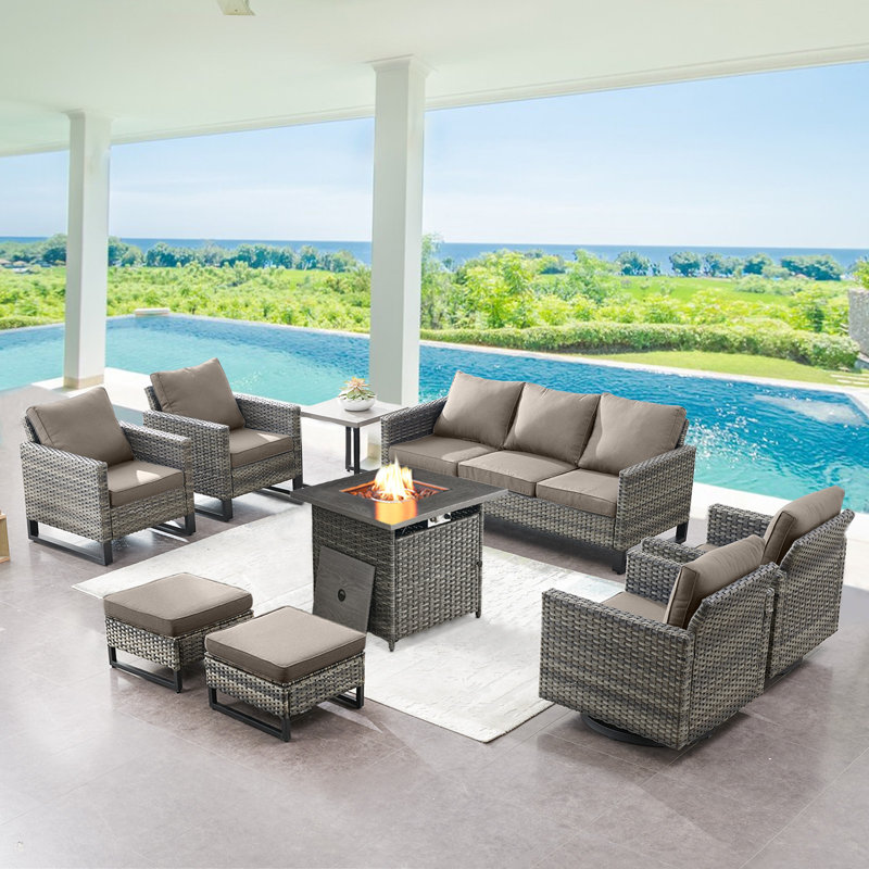 Ingvald Wicker 7 - Person Patio Conversation Set with Cushions, Gray
